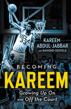 book cover for Kareem with a photograph of Kareem Abdul-Jabbar playing basketball