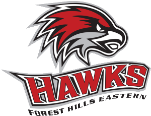Logo for the Forest Hills Eastern Hawks of a red hawk head with the wording Hawks in large red letters