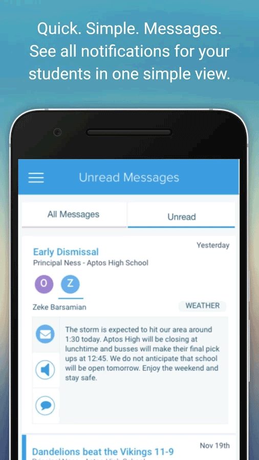unread messages screen in the schoolmessenger app