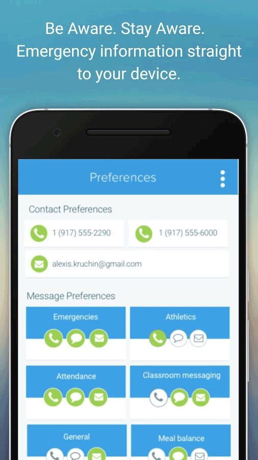 preferences screen of the school messenger app