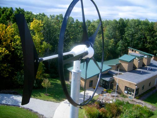 photograph of the wind turbine with the Goodwillie building in the background