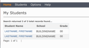 screenshot of the My Students screen within e-Link