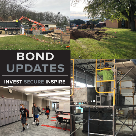 construction photo collage with the words bond updates invest secure inspire