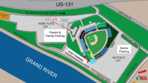diagram of the parking areas at LMCU ballpark. Enter the ballpark from the south with parent and family parking just south of the main entrance. Staff parking on the southeast side of the ballpark and senior parking in the outfield lot north of the ballpark