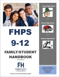 high school handbook cover with high school students and all three mascots