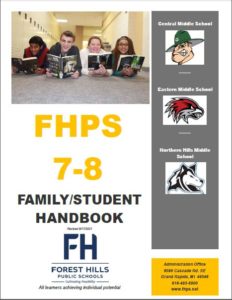 middle school handbook cover with all three mascots and middle school children reading books