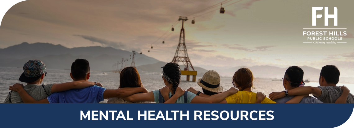 photo group of students standing together shoulder to shoulder with a white FH logo in the top right corner and the words Mental Health Resources