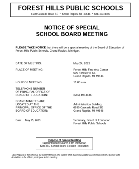 Notice of special school board meeting, May 24, for Search Firm interviews