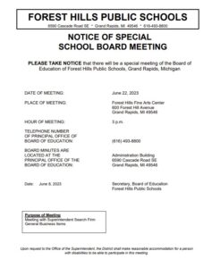 Notice of Special School Board Meeting on June 22, 3 p.m.
