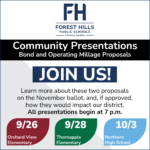 upcoming community presentations. Three meetings, all start at 7 p.m., Orchard View on 9/26, Thornapple Elementary on 9/28 and Northern High 10/3