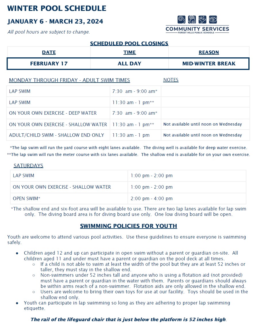 2024 pool schedule. For more info. call 493-8950. Monday-Friday adult swim times usually begin at 7:30 with the exception of Wednesday around 11:30 a.m.