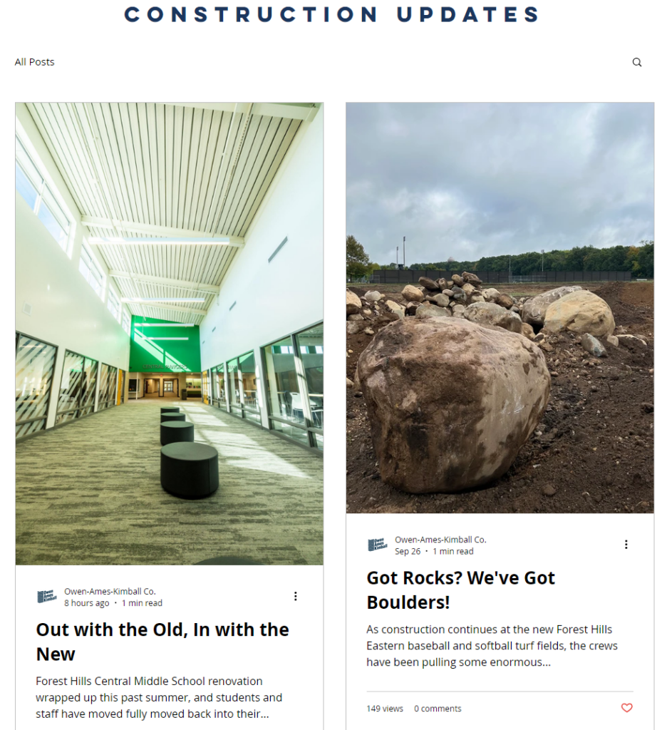 two blog images, one the inside corridor of a school with lots of sky lights and the other pictures of large boulders with a link to the construction blog site