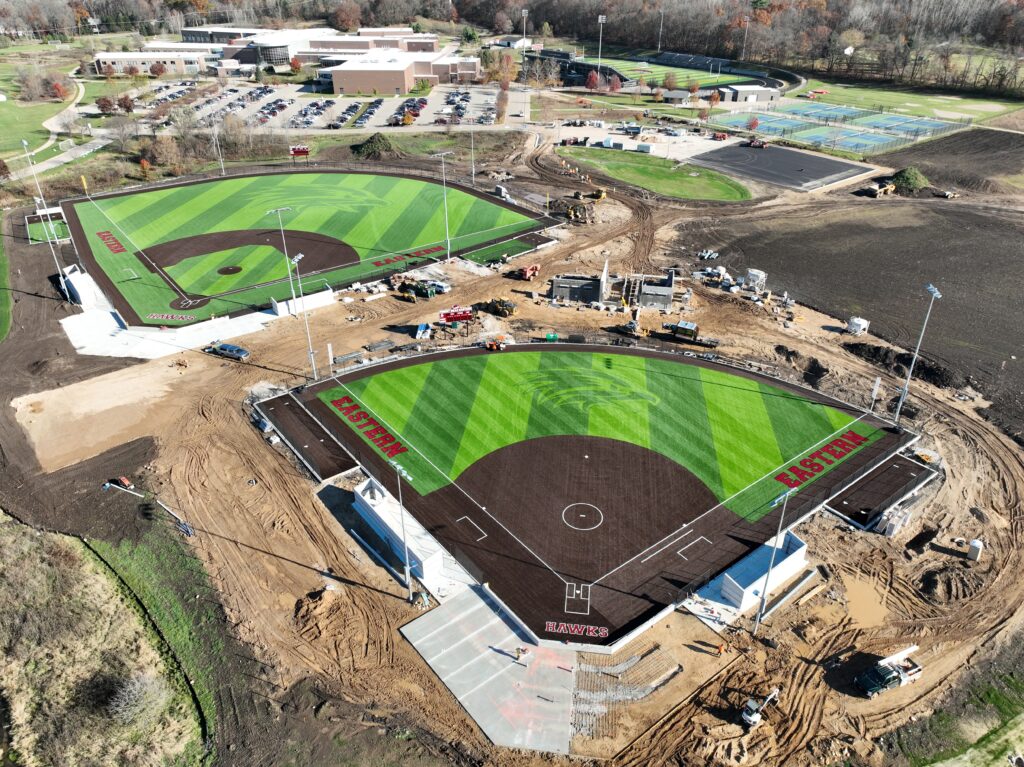 Drone shot of a baseball and softball field at FHE
