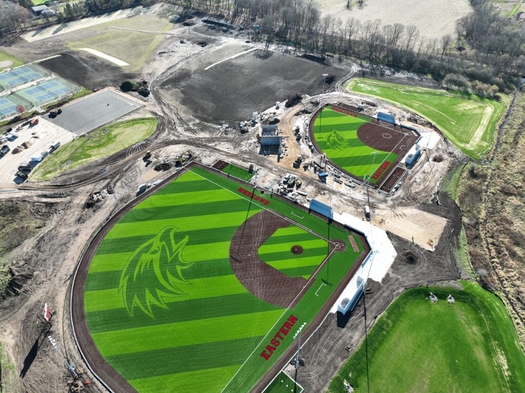 Drone shot of the new baseball and softball field at FHE