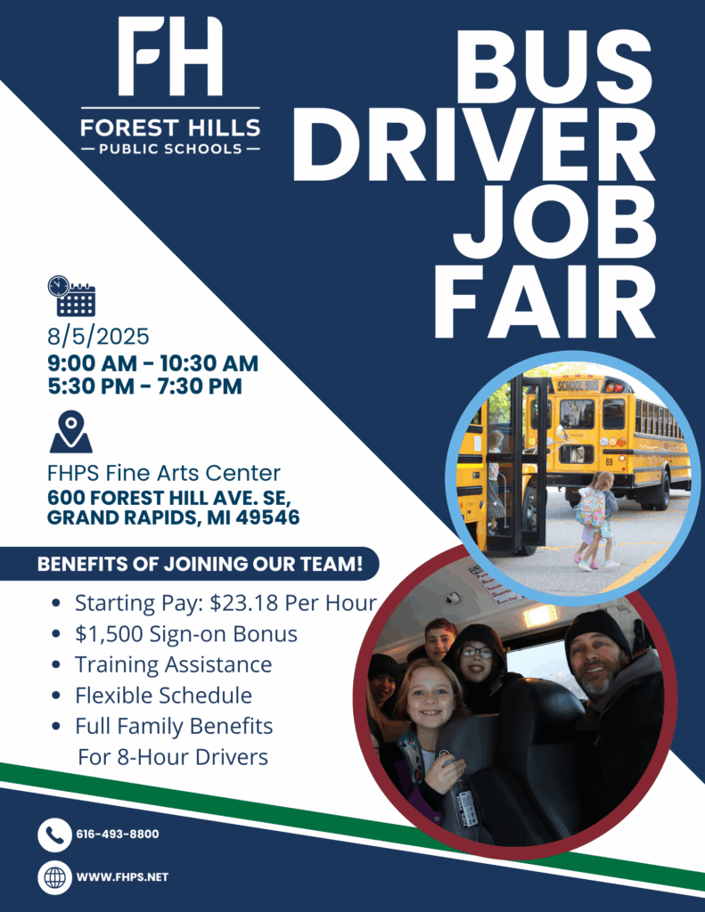 FHPS Bus Driver Job Fair Poster Advertising pay, benefits and the event itself. 