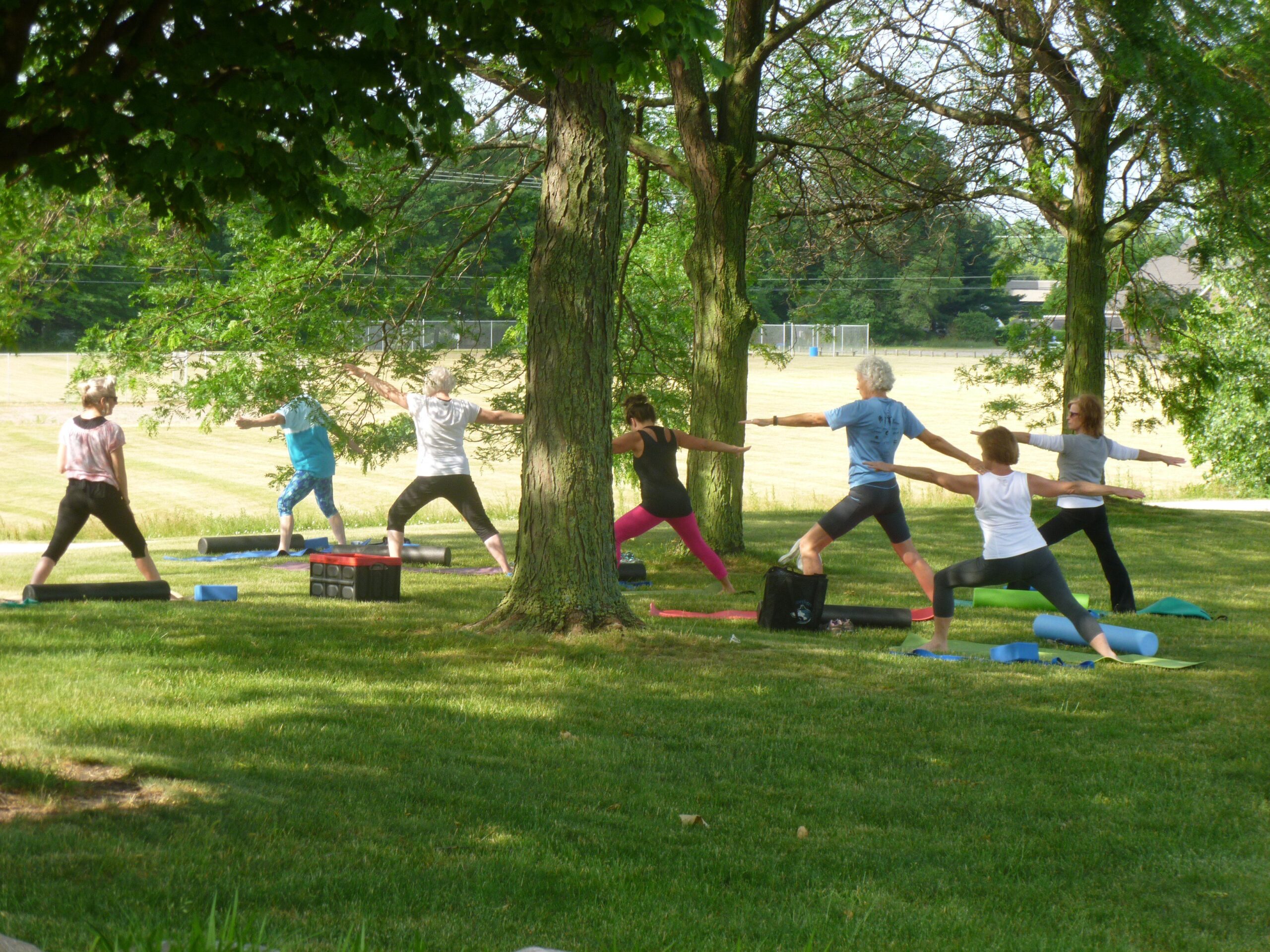 community members doing yoga on the lawn