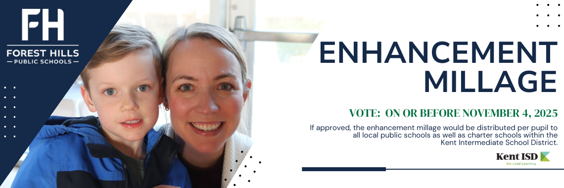 Enhancement Millage Vote: on or before November 4, 2025 with a photo of a young boy with a mother figure, both have blonde hair