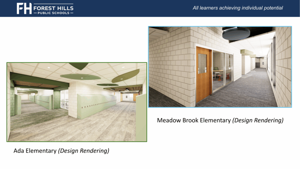 architectural drawing of a school hallway with light green lockers and a hallway with more light