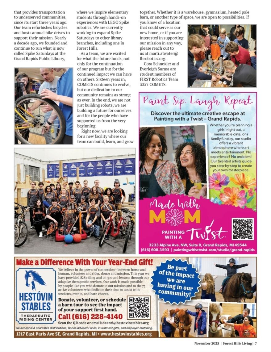 Picture of a mazazine page with photos of a robotics team and people fixing bikes