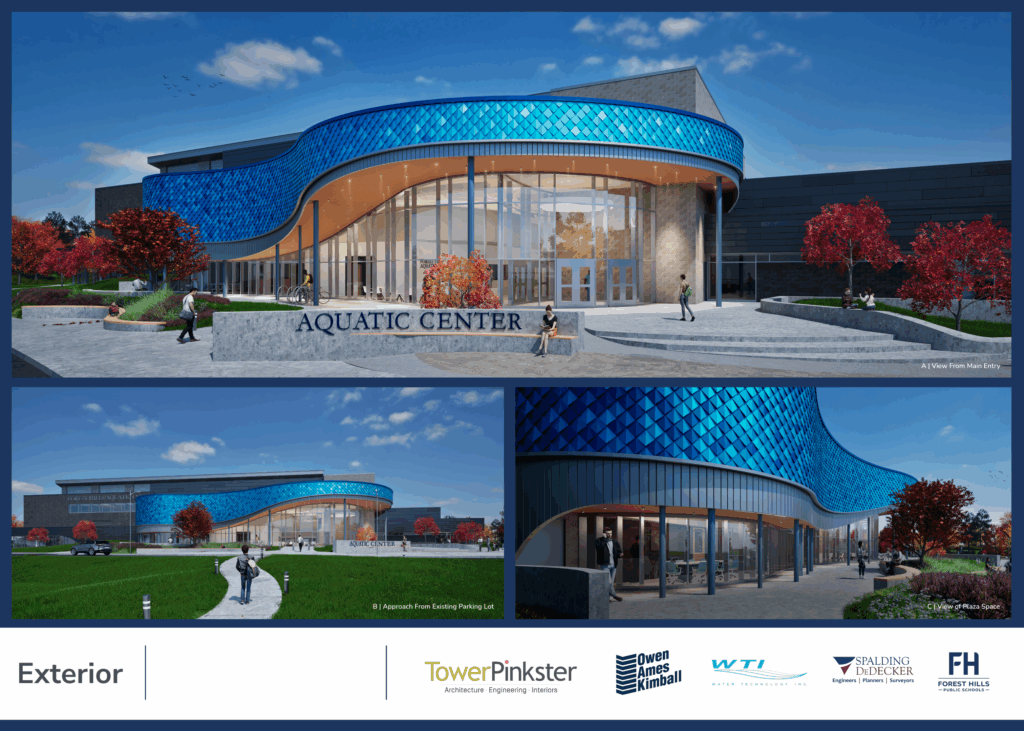 color drawing of a new aquatic center with a blue trim and tiles on the outside of the building