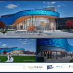color drawing of a new aquatic center with a blue trim and tiles on the outside of the building