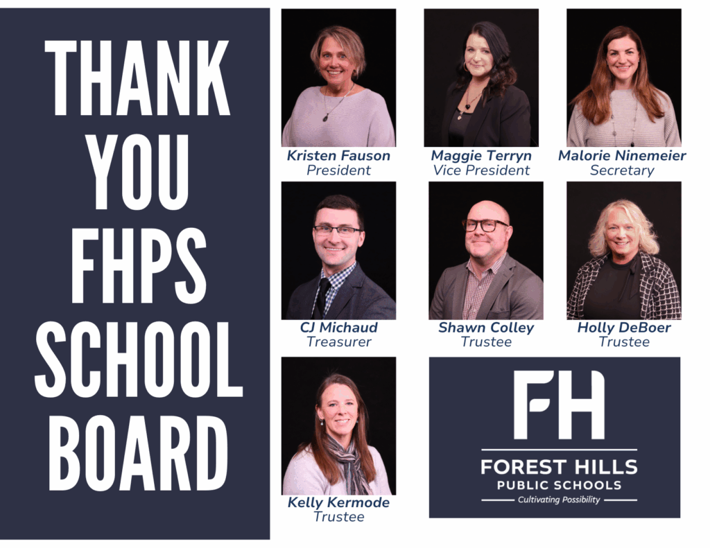 Thank You FHPS school board with images of 7 adults and the FHPS logo