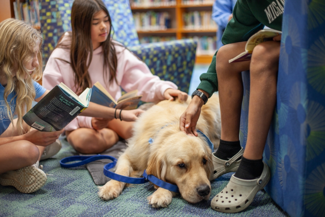 students petting a service dog and reading
