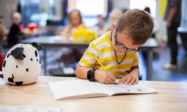 young student writing in a booklet at his desk