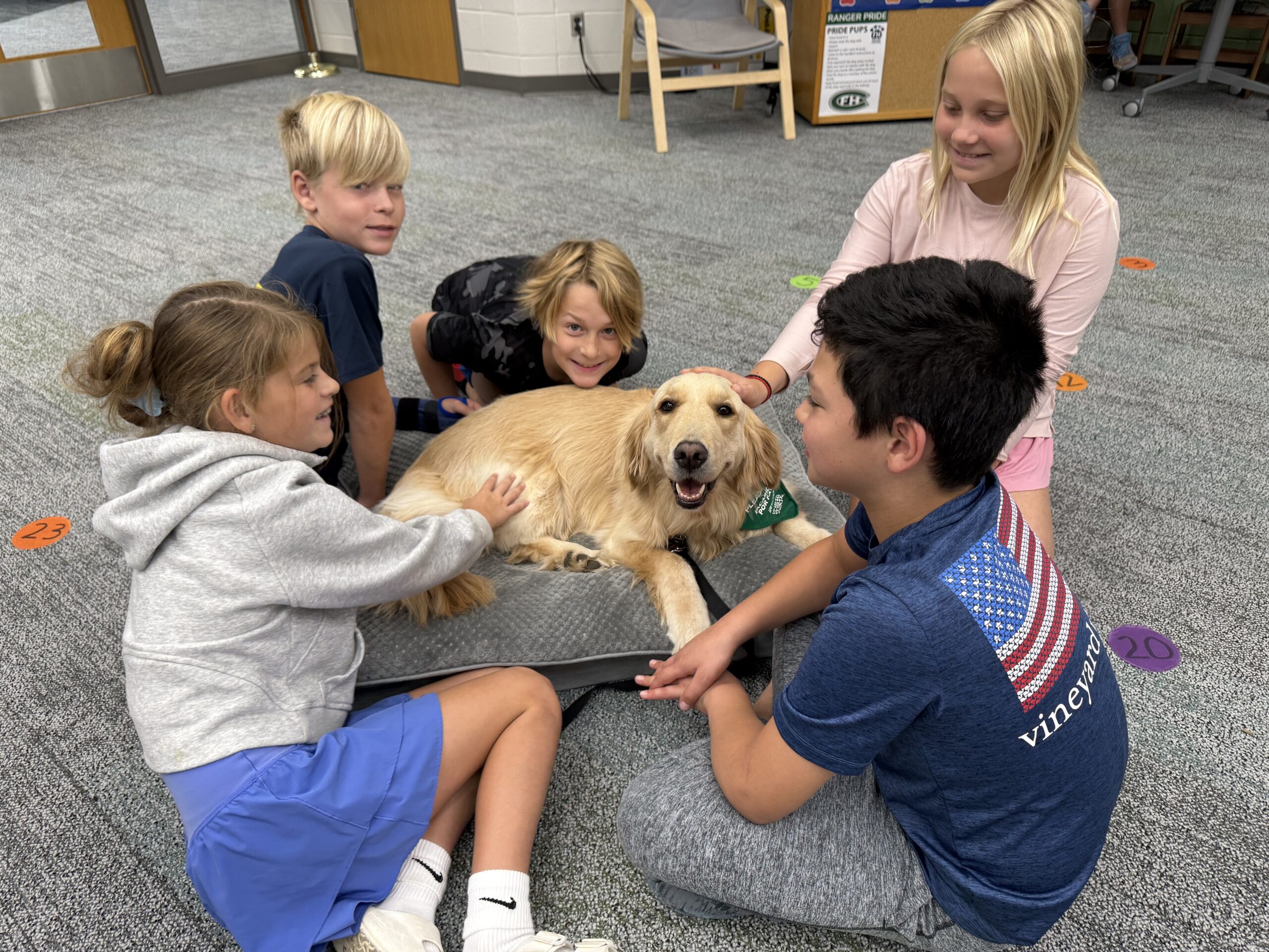 Students sit on the floor with a golden retriever in the school library