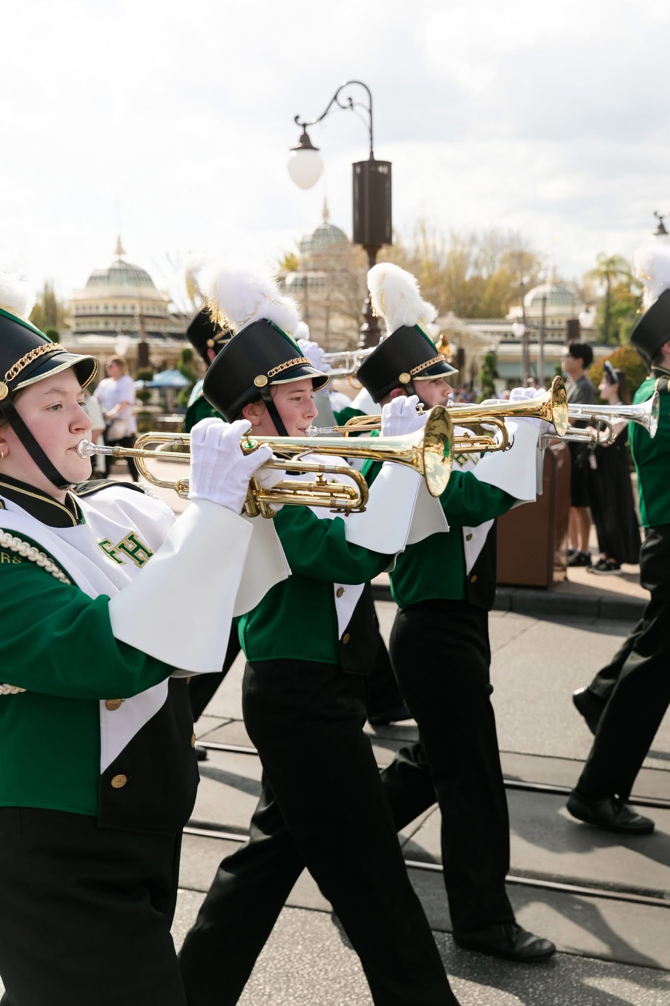 marching band performing in a parade