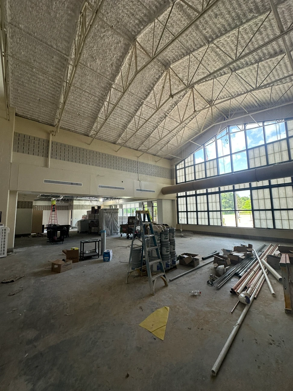 Construction progress inside a large room