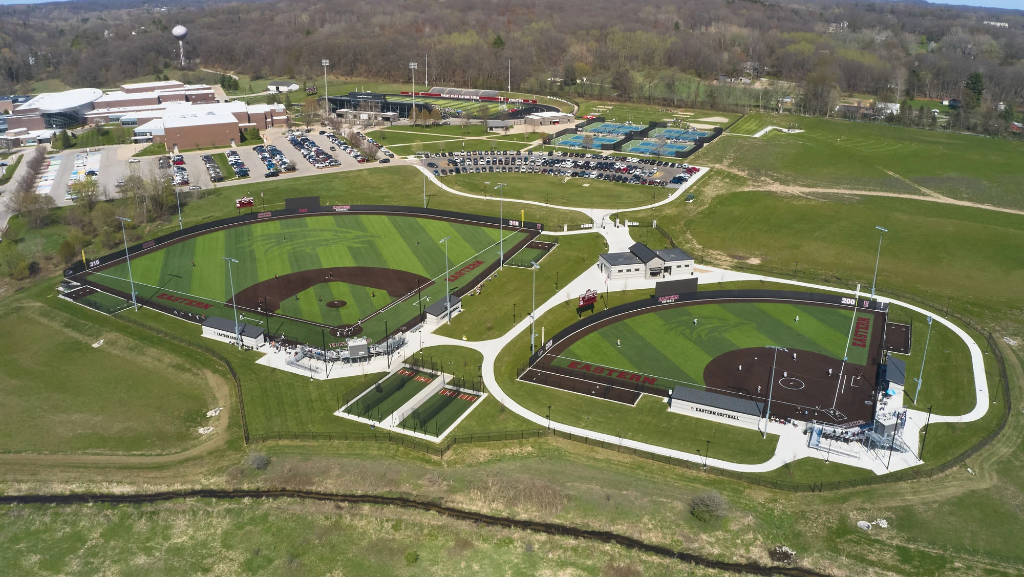 angled top down drone shot of the baseball and softball fields