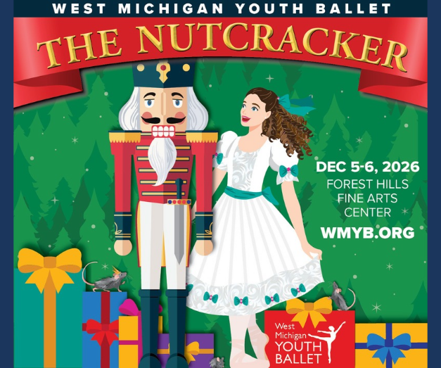 The Nutcracker by the West Michigan Youth Ballet, Dec. 5-6 at the FAC. with a picture of Christmas presents, a dancer, a nutcracker, and some mice